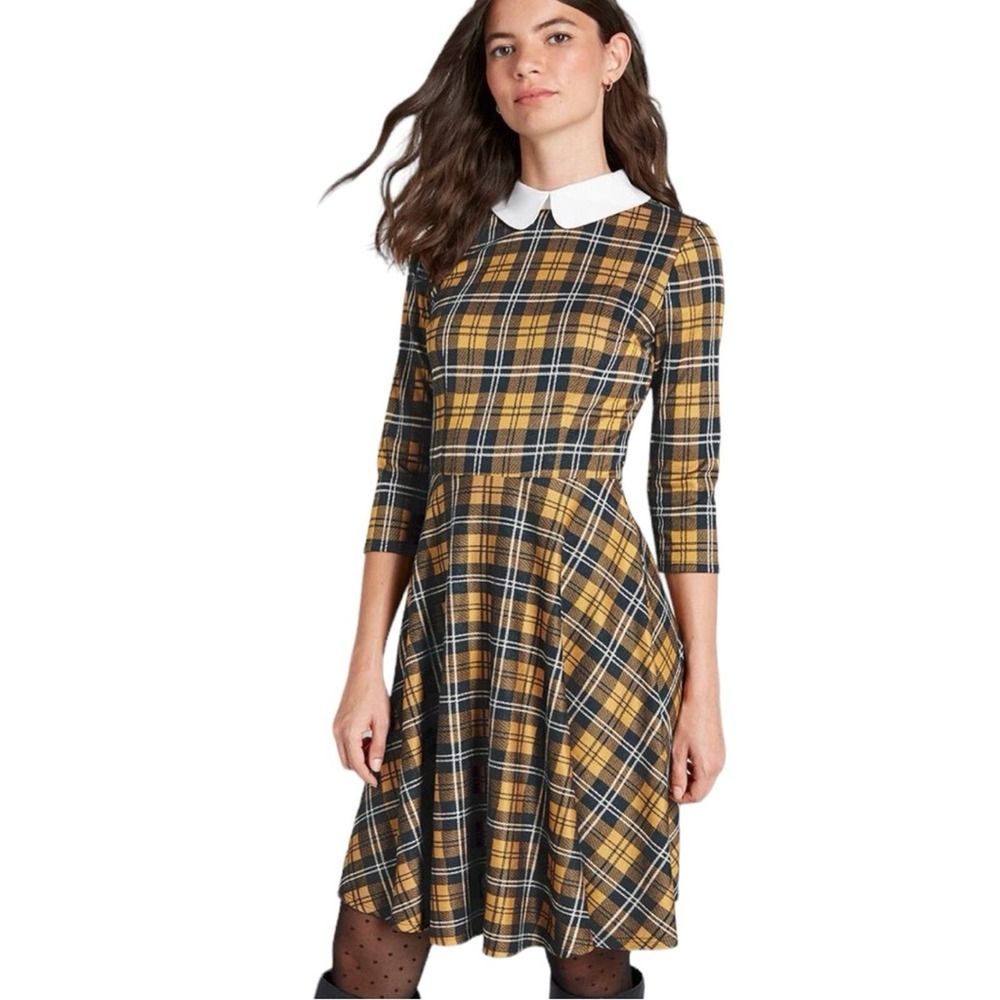 Modcloth Perfectly Proper Knit A-line Dress Plaid size L Yellow
